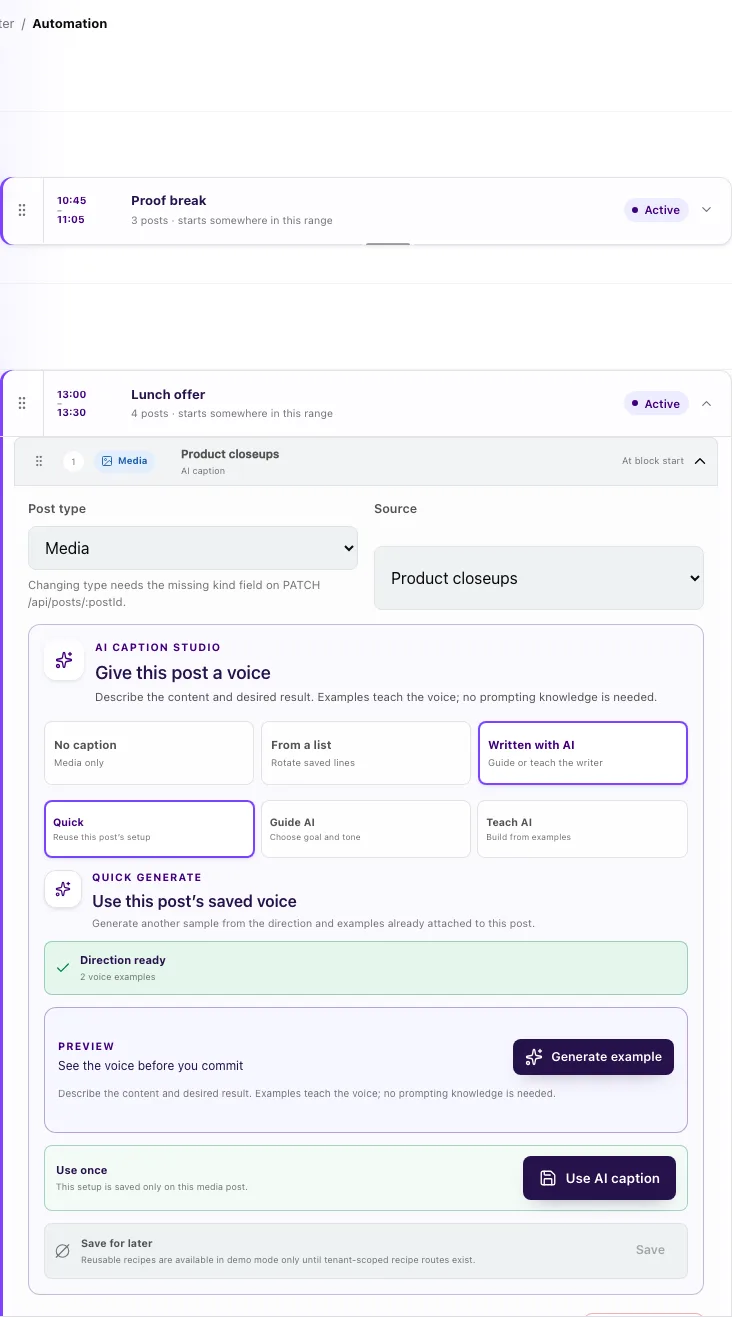 TgSetter AI Caption Studio in the real Automation timeline