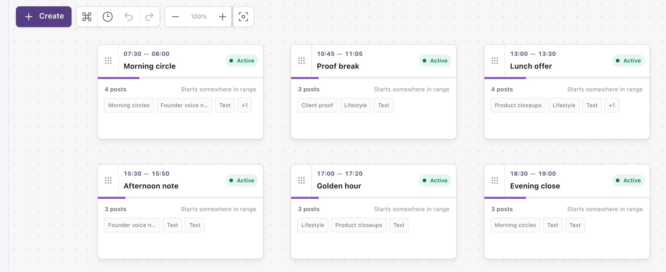 TgSetter Automation canvas showing four reusable content blocks